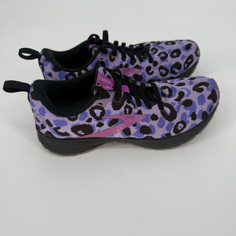 Brooks Revel 5 Leopard Run Wild Sneakers Purple Black Leopard Women's 8 Athletic